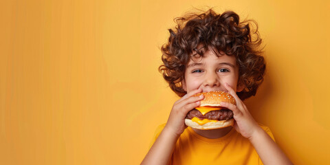 portrait of a kid eating delicious hamburger on color background, copy space