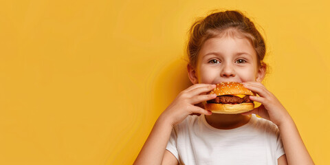 portrait of a kid eating delicious hamburger on color background, copy space