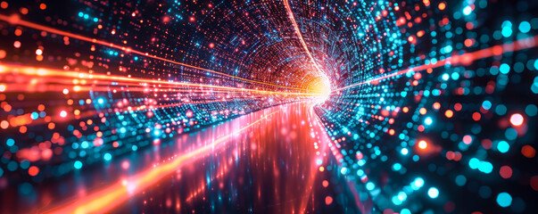 Obraz premium Vibrant abstract visualization of a digital data stream in cyberspace, representing high-speed information transfer and futuristic connectivity