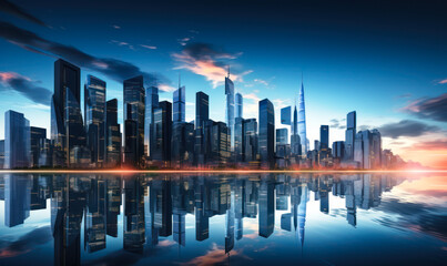 Fototapeta premium Reflective Waterfront Panorama of Modern City Skyline with Skyscrapers and Bright Blue Sky at Dusk, Urban Architecture and Futuristic Metropolitan Cityscape Concept