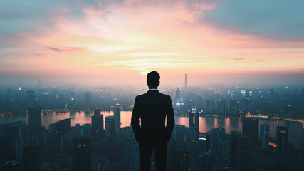 Fototapeta na wymiar Silhouette of a business executive leader standing tall and looking out over a urban city cityscape skyscapers in sunset, embodying Business leadership and vision concept.