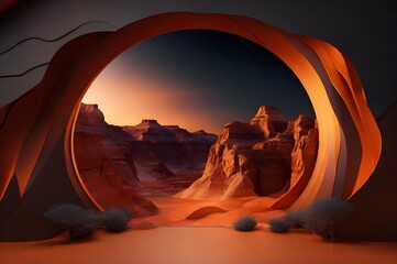 Landscape with neon lighted ring, Red neon lights and vibrant background.