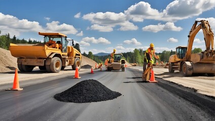 Road construction site bustling with workers as they lay hot asphalt and gravel, focusing on teamwork for road repairs Generative AI - obrazy, fototapety, plakaty