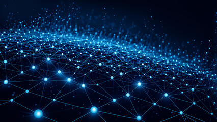 Illuminate your Tech Journey: Dark Blue Abstract Background with Matrix Network Nodes and Global Connectivity.