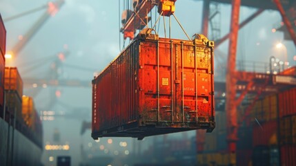A shipping container being lifted by a crane ready to be loaded onto a cargo ship signifying the crucial role of ports in connecting the different modes of transportation - obrazy, fototapety, plakaty