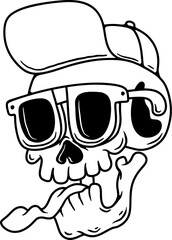 Cartoon skull in baseball cap and sunglasses. Vector illustration