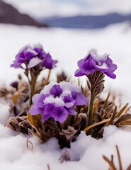 A group of purple flowers sitting on top of snow covered ground. This image can be used to depict the beauty of nature in winter Generative AI