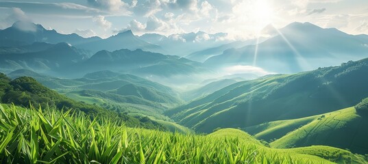 Morning hill mountain valley panoramic landscape. Generative AI technology.	
 - obrazy, fototapety, plakaty