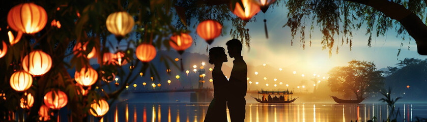 An enchanting evening where lovers are silhouetted against a backdrop of lantern lights - obrazy, fototapety, plakaty