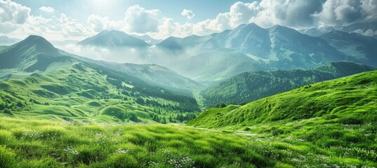 Green mountains valley panoramic landscape. Generative AI technology.	
 - obrazy, fototapety, plakaty