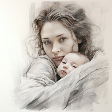 banner sketched with the painting of nother and her baby on white background