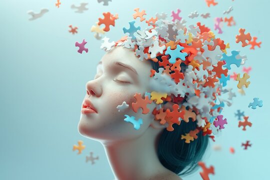 3D girl with autism stay, her mind is filled with many thoughts and ideas floating like puzzles around, blue color background. Mental Health Concepts. Neurodiversity. World Autism Awareness Day.  - Powered by Adobe