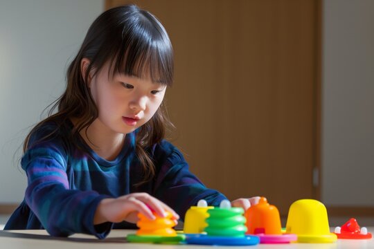 asian girl with autism playing with a colorful sensory toy, a serene expression, symbolizing the calming effect of sensory stimulation on the neurodivergent mind. Neurodiversity. Autism Awareness Day.
