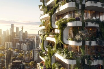 vertical greenhouse with plants growing on balconies and terraces, bringing greenery and life to the cityscape, while also providing insulation and cooling benefits to the building. concept eco system