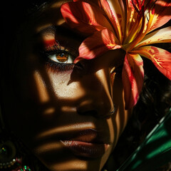 Mysterious shadows cloak a woman revealing only her gaze and the vibrant colors of an exotic flower she holds ar 11