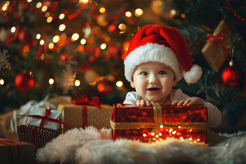 Fototapeta na wymiar Portrait of a cute baby in Santa hat with Christmas gift