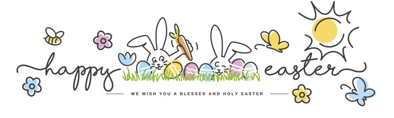 Happy Easter. Cute Easter bunny found a carrot. Sunny spring day with flowers tulips colorful eggs in green grass. Easter egg hunt white greeting card