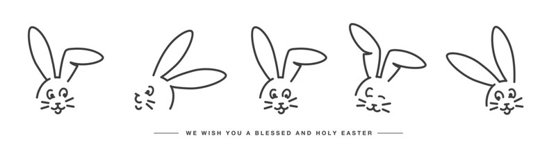 We wish you a blessed and holy Easter. Easter handwitten cute bunny faces. Doodle cute hare line design on a white background - obrazy, fototapety, plakaty