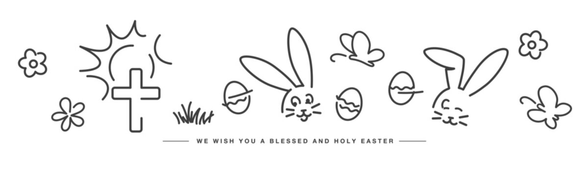 We wish you a blessed and holy Easter. Cute Easter line design elements on a white background