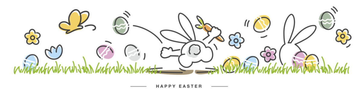 Happy Easter. Cute happy Easter bunny found a carrot. Butterfly spring flowers tulips colorful eggs in green grass. Easter egg hunt white greeting card