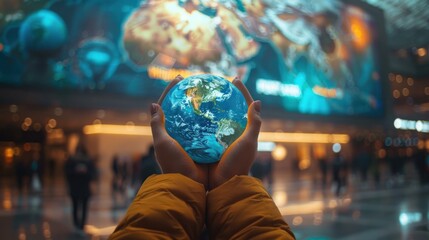 Fototapeta premium An upclose image of a billboard at the airport featuring hands holding a globe emphasizing