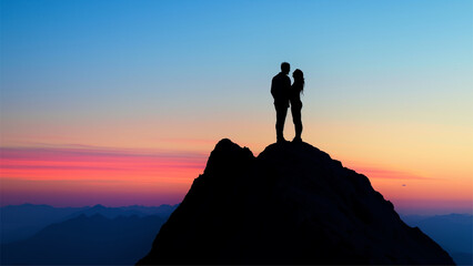 Obraz premium silhouette happy couple on the peak of a mountain at sunset