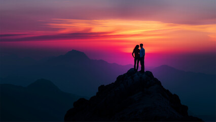 silhouette happy couple on the peak of a mountain at sunset