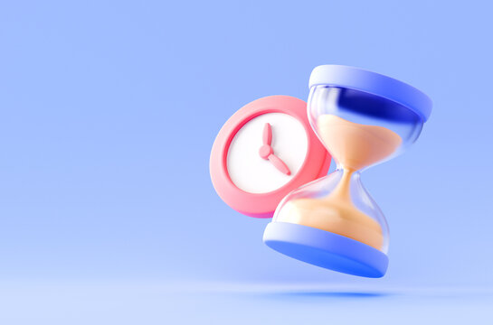 Hourglass with clock countdown. Business, time and deadline concept. 3d render illustration