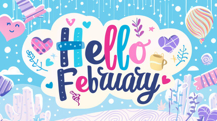 Fototapeta na wymiar February month illustration background with pastel colors drawing with written Hello February to celebrate start of the month