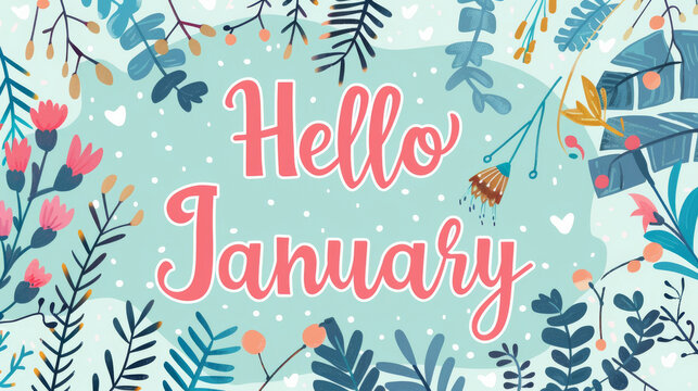 January month illustration background with pastel colors drawing with written Hello January to celebrate start of the month