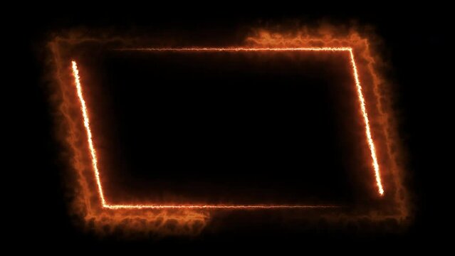 Seamless loop animated rectangle picture frame with fire and smoke color 4K video motion graphic isolated on transparent background. Futuristic light effect for overlay element. Empty copy space.