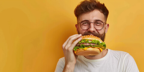 portrait of a young man eating delicious hamburger on color background, copy space
