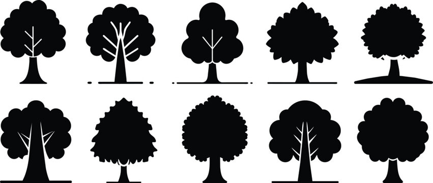 Set of trees silhouettes in black color