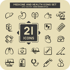 Icon Set Medicine and Health. suitable for education symbol. hand drawn style. simple design editable