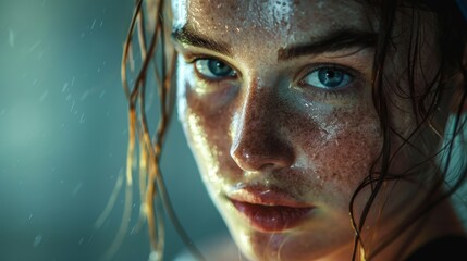 Close-up portrait of a young woman with wet hair and skin. Intense gaze concept with teal background for design and print