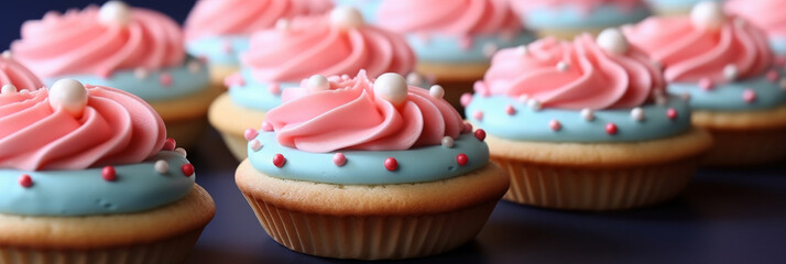 Fototapeta na wymiar a few cupcakes decorated with blue and pink frosting, banner
