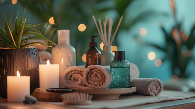 Tranquil Spa Setting with Aromatic Candles
. A serene spa setting featuring aromatic candles, plush towels, and a variety of soothing skincare products, inviting relaxation.
