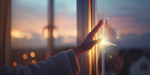 A person at home is reaching out to touch a glowing, virtual icon of a wind turbine, symbolizing the choice of sustainable energy for household use. - obrazy, fototapety, plakaty