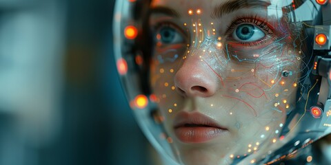 Artificial intelligence is represented by a picture of a cyborg girl with an electronic brain. A neural network trained using a virtual hud interface. Machine learning technology concept.