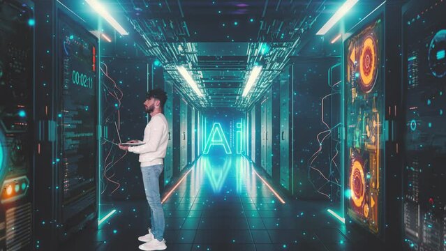Futuristic server room, Officer Using Laptop Standing In Warehouse, Information Digitalization Lines Streaming Through Servers. SAAS, Cloud Computing, Web Service. Ai inscription on background