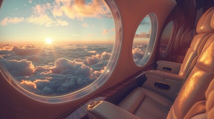 Travel in comfort and style on a private jet. Witness breathtaking views of sun-kissed clouds as they rest in the lap of luxury. - obrazy, fototapety, plakaty
