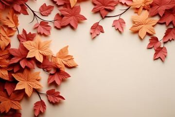 autumn leaves on beige background , Thanksgiving, empty space for text, banner poster