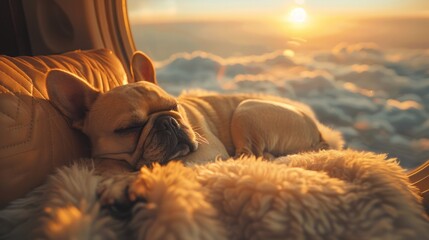 Dog Travel in comfort and style on a private jet. Get a breathtaking view of sun-kissed clouds as they rest in the lap of luxury. - obrazy, fototapety, plakaty