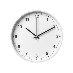 A white clock with black hands showing the time as 10:30
