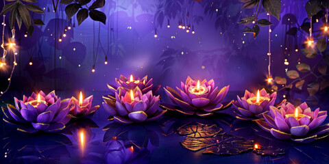 meditation for diwali with purple lotus flowers, Diwali  holiday, festive banner