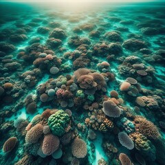 Naklejka na ściany i meble Vibrant Coral Reef Teeming with Aquatic Life in the Clear Ocean Waters