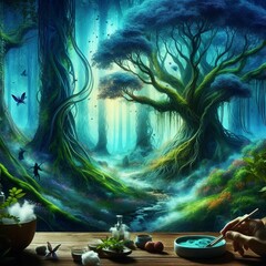 Enchanting Fantasy Forest Wallpaper Mural with Lush Greenery and Magical Atmosphere - Ideal for Creating a Whimsical Ambiance in Any Room