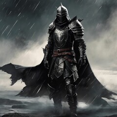 Brave Knight Standing in Pouring Rain with Dramatic Lighting, Knight in Distress Concept - obrazy, fototapety, plakaty