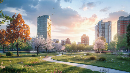 Serene Cityscape, Green Spaces Enhancing Urban Living, The Blend of Nature and Modern Architecture - obrazy, fototapety, plakaty