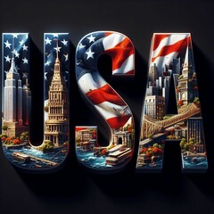 Patriotic USA Word with American Flag and Iconic Buildings Illustration